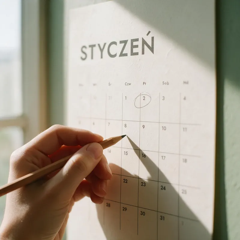 Dłoń zaznaczająca datę w papierowym kalendarzu ściennym