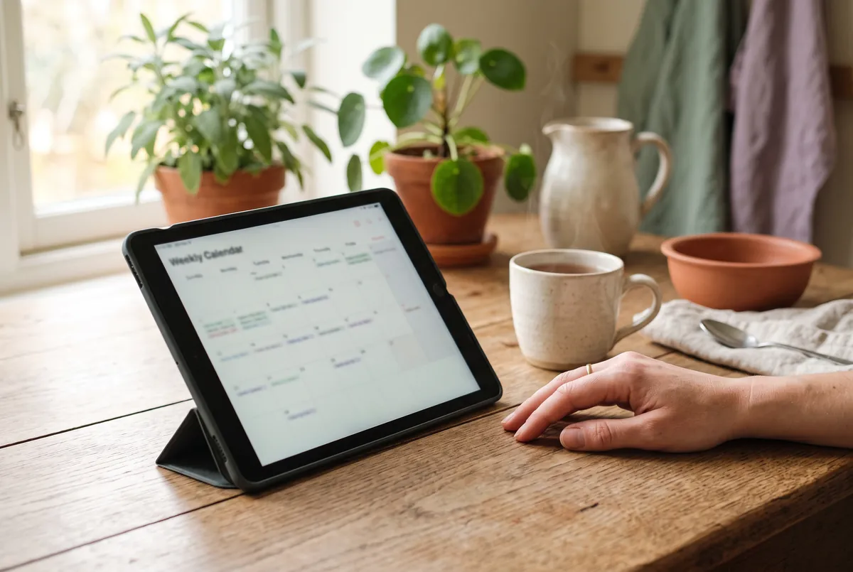 Tablet z tygodniowym kalendarzem na kuchennym stole
